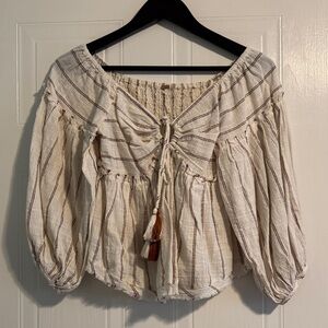 Free People Cream and Brown Striped Blouse